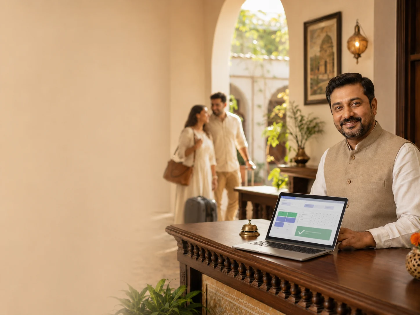 Indian hotel manager using a booking dashboard while guests arrive