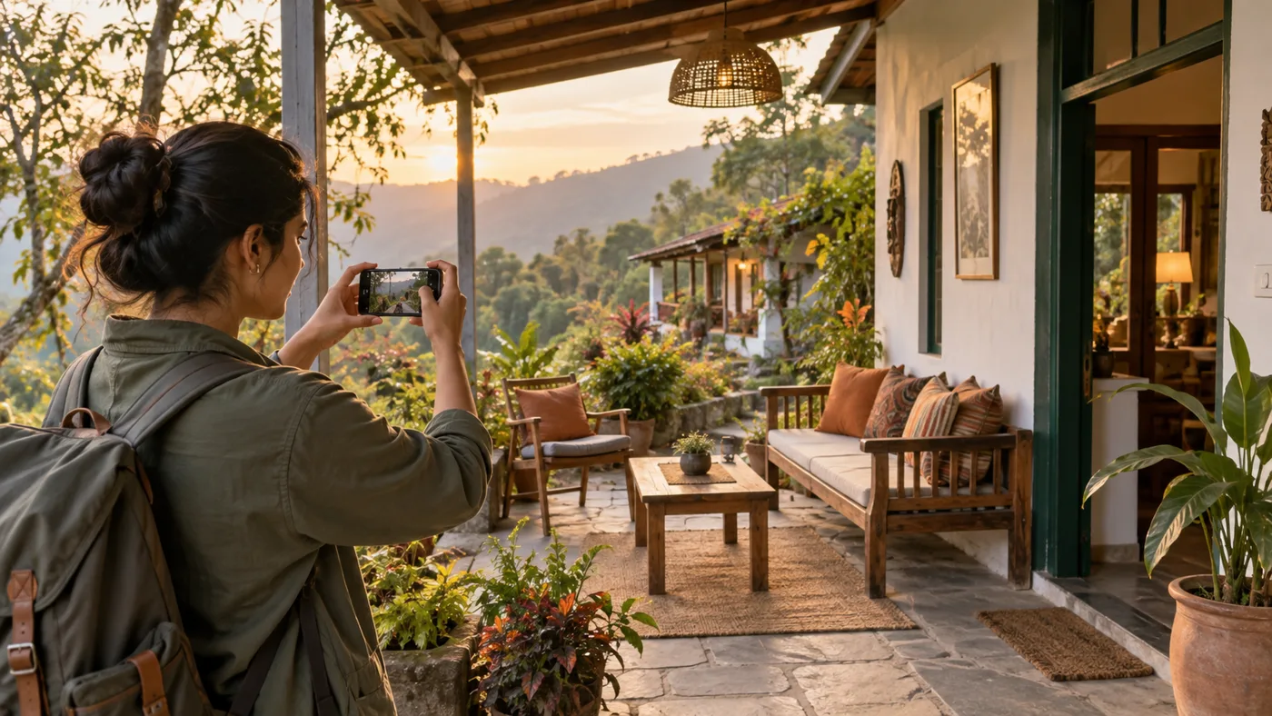 Illustrative travel Creator filming an independent stay