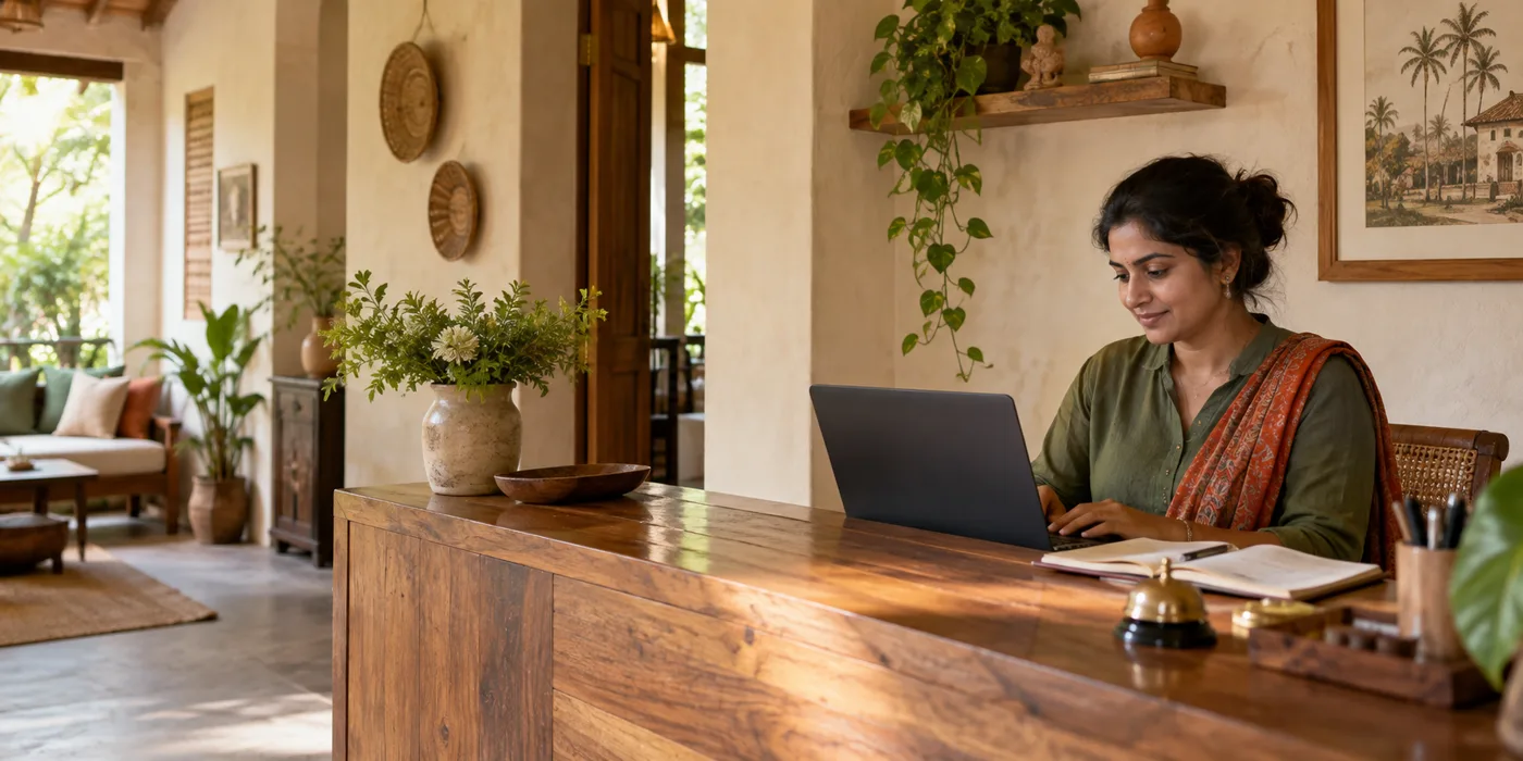 Illustrative independent-stay owner working at a reception desk