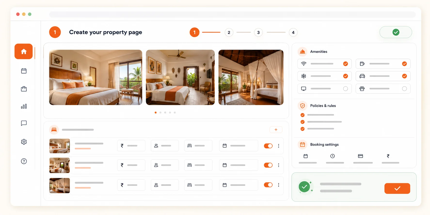Property setup dashboard for rooms, rates and booking settings
