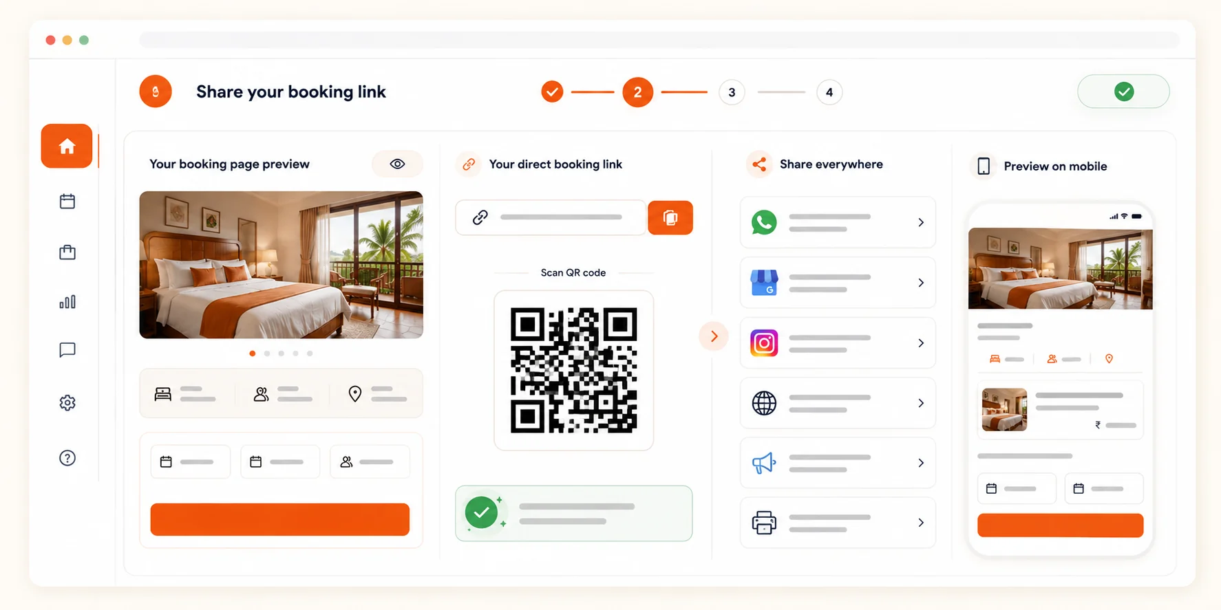 Direct booking link with QR code and sharing options