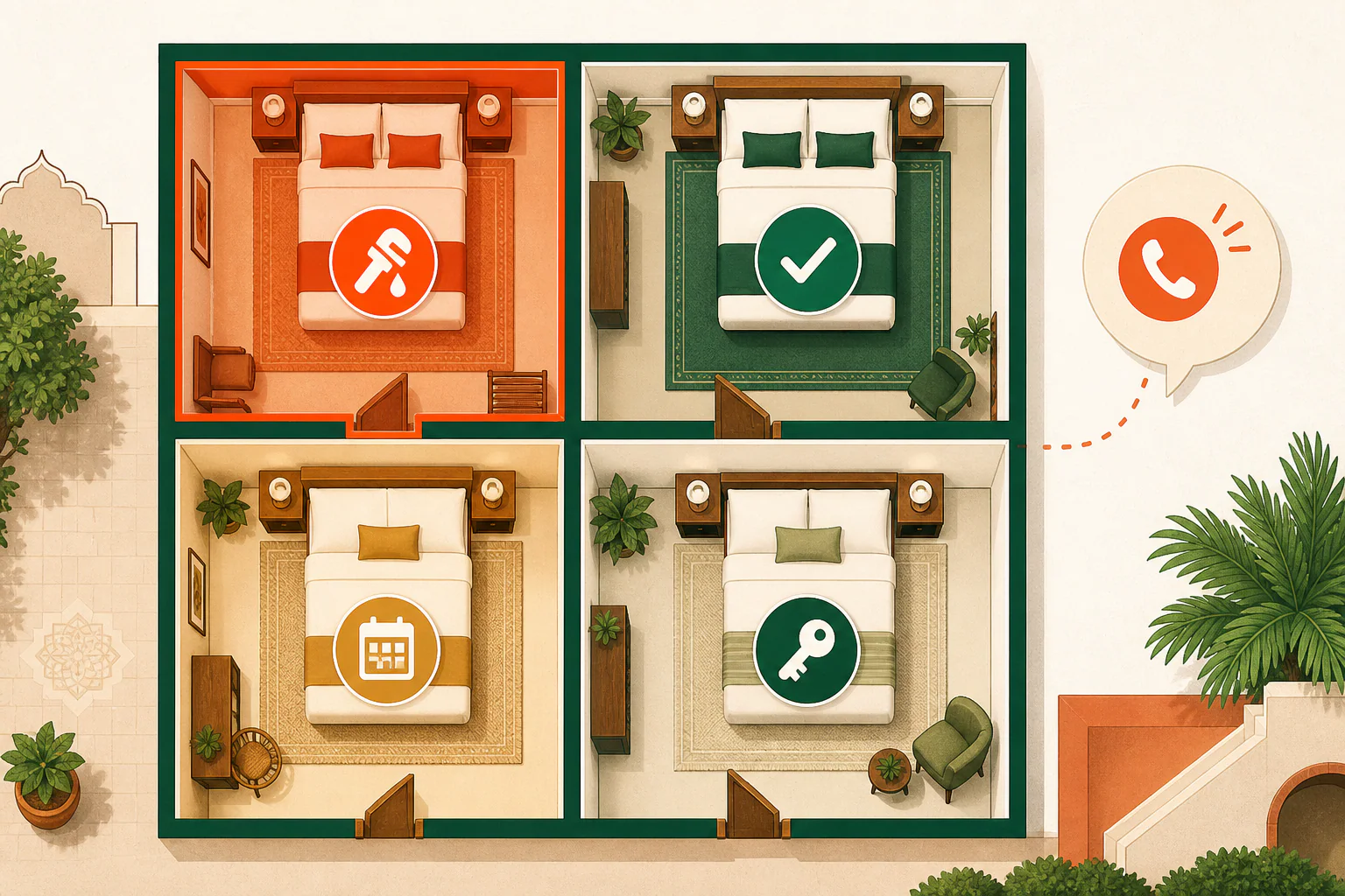 A four-room homestay plan shows one room under repair, two secured rooms, one available room and a separate phone enquiry.
