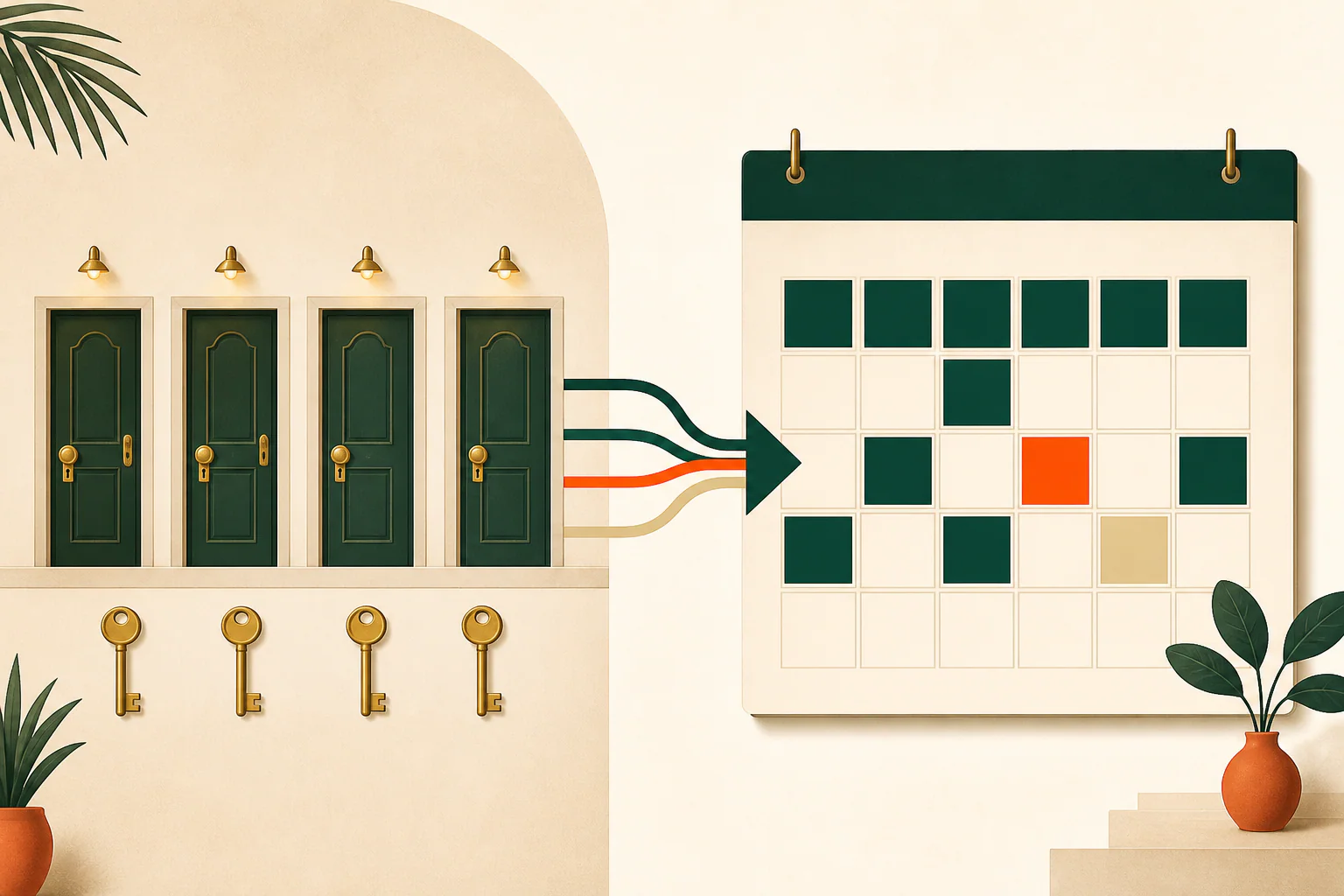 Four physical guest rooms flow into a calendar where booked, blocked and open dates differ.