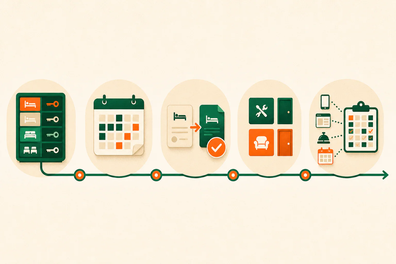 Five connected stages show a room register, shared calendar, secured booking, room blocks and daily reconciliation.