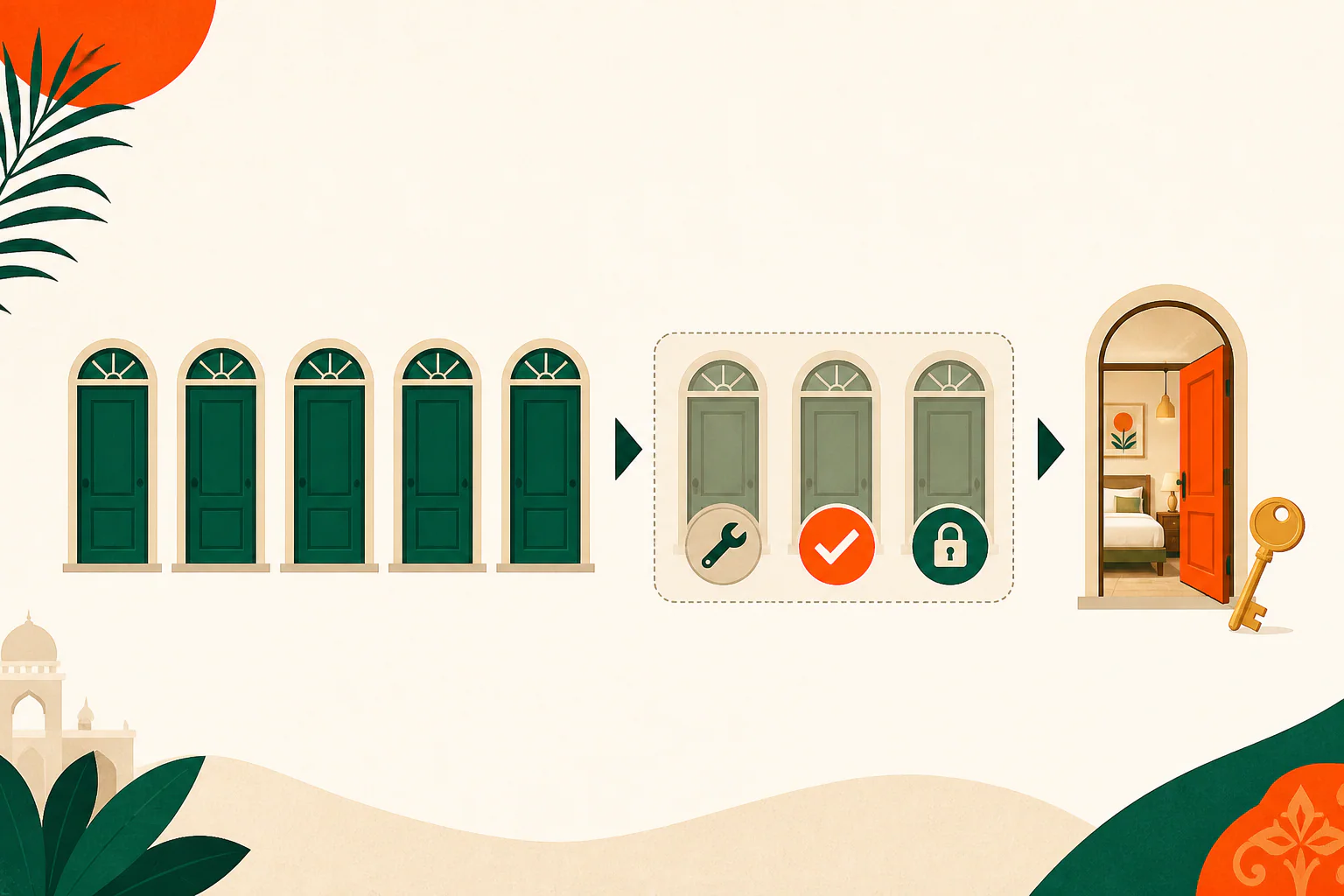 Room doors are reduced by maintenance, secured booking and owner block markers, leaving one open room.