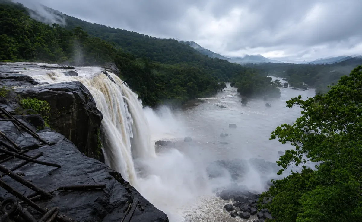 Athirappilly Falls and the Chalakudy River surrounded by misty forest