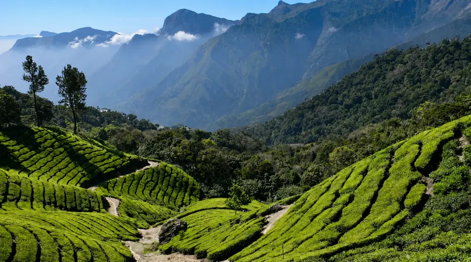 Tea gardens and mountain scenery — user-supplied, AI-enhanced photograph