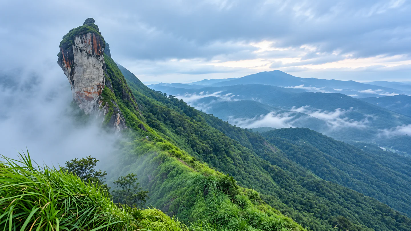 Illikkal Kallu monolith rising through mist above the Kottayam highlands