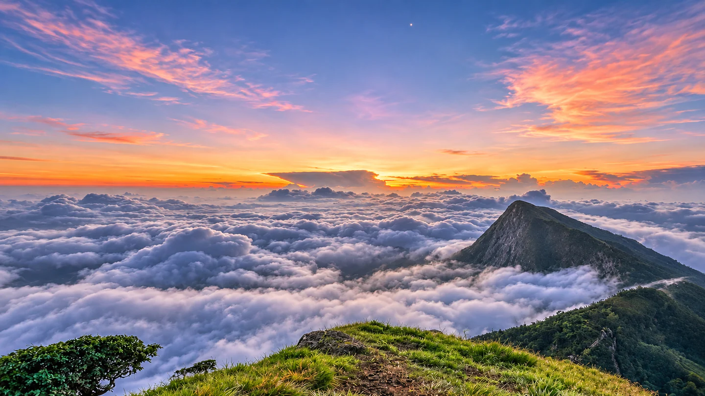 Sunrise and a sea of clouds above the high ridges near Kolukkumalai