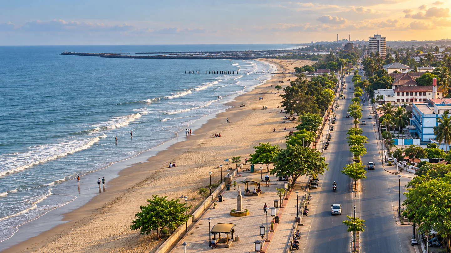Kozhikode Beach and its coastal road in the late-afternoon light