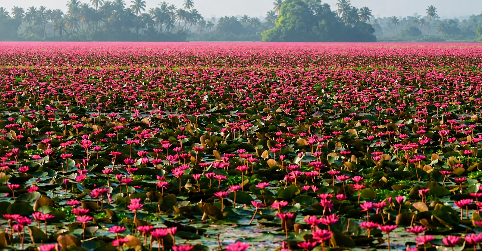 Pink water lilies covering flooded paddy fields in Malarikkal, Kottayam
