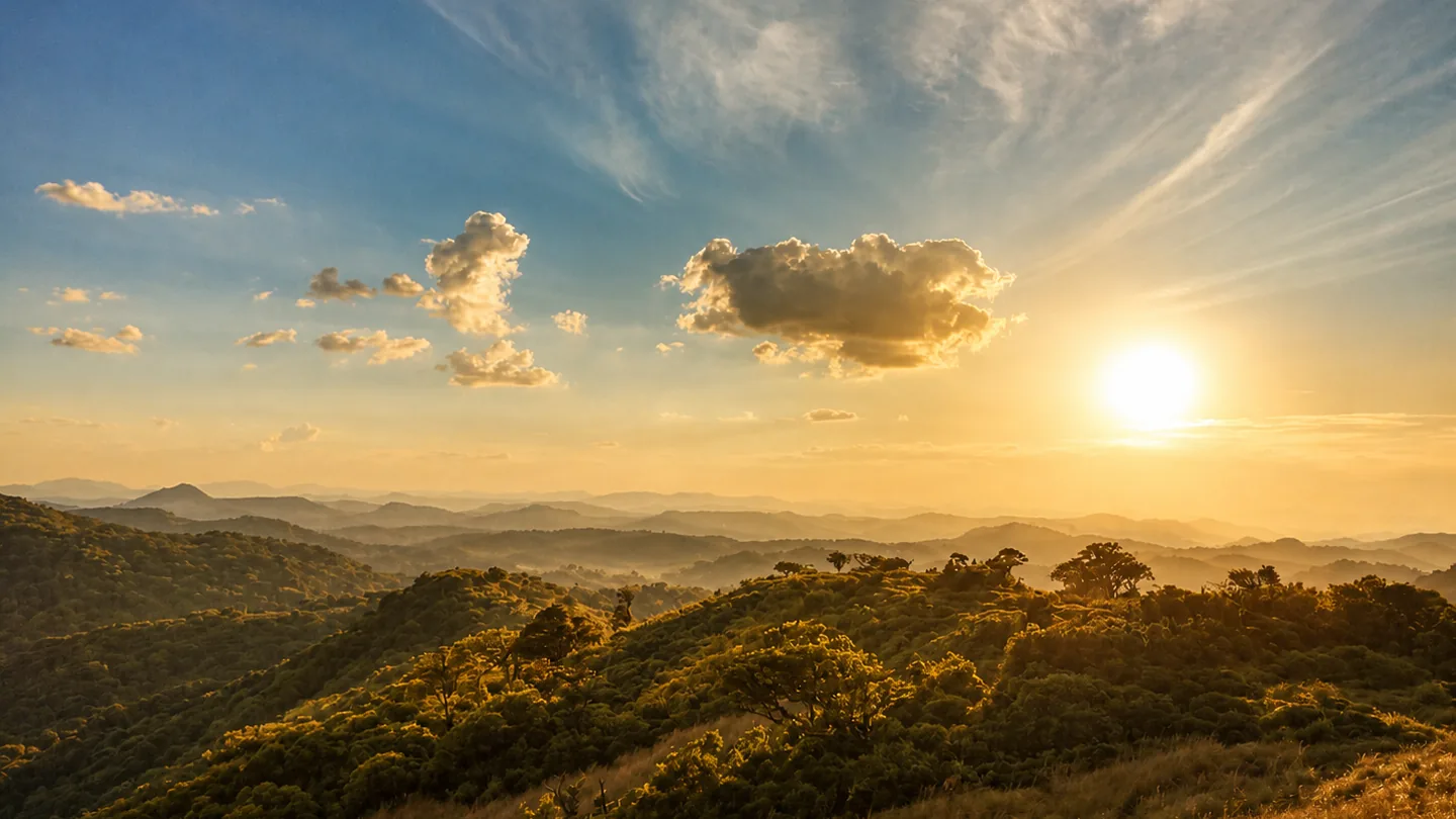 Golden sunset above layered forested hills near Mathikettan Shola in Idukki