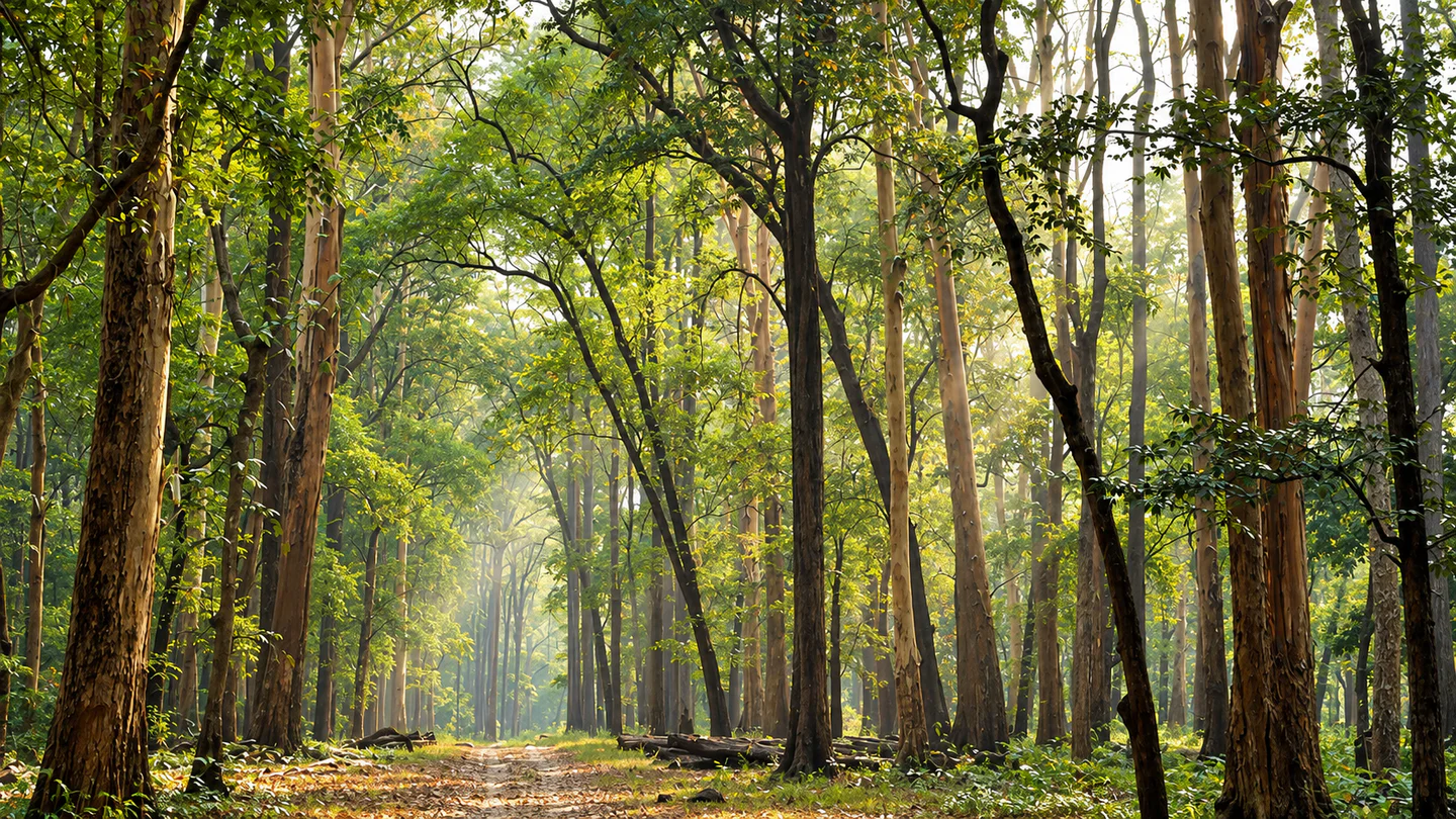 A teak forest avenue in Nilambur with morning light filtering through the canopy