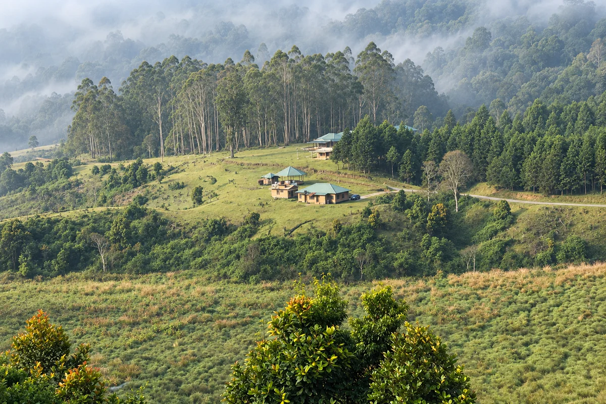Misty grassland and forest-edge scenery near the Vattavada route
