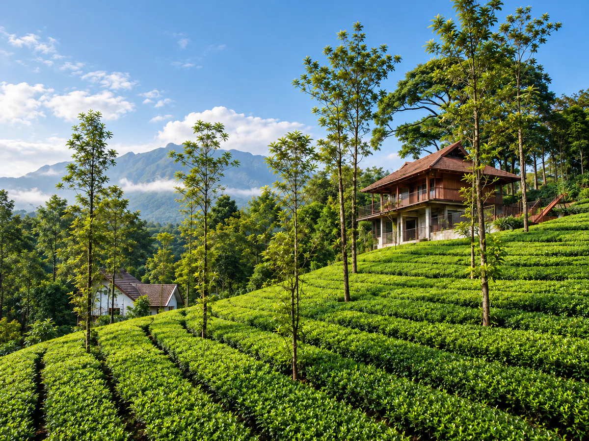 Tea terraces, hillside buildings and mountain scenery around Vythiri