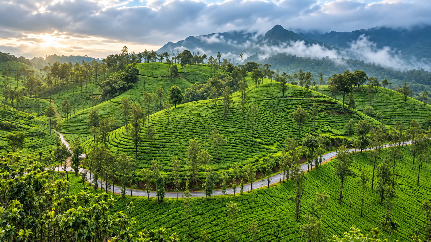 Misty tea-covered hills and a winding road in Vythiri